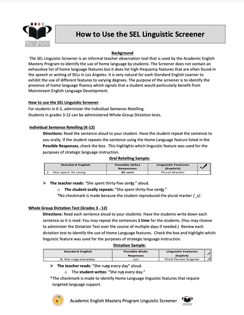 Standard English Learner Screener